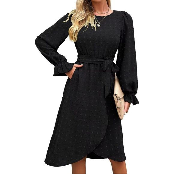 NEW Black Ruffle Long Sleeve Swiss Dot Maxi Dress L NO BELT - Picture 1 of 6